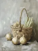 Schilderij van een mand met uien en prei.