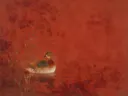 Mandarijneend in diep lakrood, schilderij van een mandarijneend, oosterse stijl