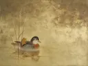 Schilderij van een mandarijneend, oosterse stijl in goud en brons