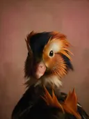 Studioportret van Mandarijneend van voren, tegen een geschilderd doek in oudroze