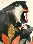 Mandril die haar baby knuffelt tussen herfstbladeren
