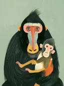 Mandrilaap die haar jong vasthoudt, close-up illustratie