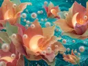 Schilderij van bloemen met gloeiende maanvormen en zwevende parels