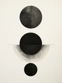 Abstract schilderij met vier cirkels die manenfasen suggereren, verbonden door dunne lijnen.