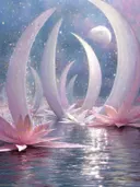 Schilderij van sikkelvormige lotusbloemen op water onder een volle maan