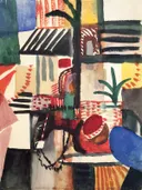 Mann mit Esel van August Macke: abstract met kleurvlakken, etalage, hoeden en planten, in bont rood, blauw en geel