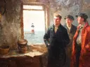 Schilderij van drie mannen in een kamer die uitkijken op een vuurtoren