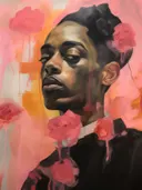 Portret van een man met rozen tegen een roze-oranje achtergrond met druipend verfeffect.