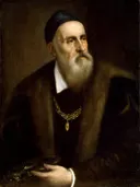 (manner of) Self portrait of 1801 ( ) Gallery van Naar Titian: portret met oude man, baard, bontjas en ketting, in donker bruin