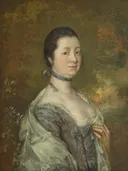 Margaret Gainsborough, née Burr (1728-1798) van Thomas Gainsborough: portret met vrouw, grijze jurk, kant en zittend, in zilvergrijs met bruin
