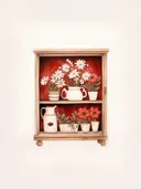 Houten kastje met rood interieur gevuld met witte margrieten en rode klaprozen in kannen.