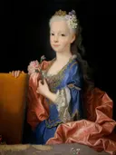 Maria Ana Victoria of Bourbon (Future Queen of Portugal) as a Child van Jean Ranc: portret met meisje, blauwe jurk, roze mantel en bloemen, in blauw en roze op zwart