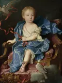 Maria Antonia of Spain van Jean Ranc: portret met kind, blauwe jurk, duif en kussen, in lichtblauw en rood