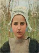 Marie, a peasant girl of Quimperlé (1882) van George Clausen: portret met meisje, witte kap, boerin en riet, in gedempt groen met wit