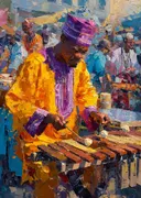 Muzikant die marimba speelt op de markt