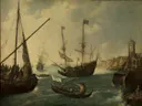 Marina van Andries Eertvelt: zee met schepen, haven, water en toren, in gedempt beige en grijsblauw
