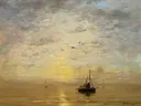 Marine van Hendrik Willem Mesdag: zee met zee, zeilboot, zonsondergang en spiegeling, in goudgeel en grijs