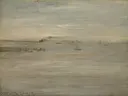 Marine van William Merritt Chase: zee met zee, boten, horizon en wolken, in gedempt grijs