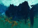 Abstract landschap in marineblauw en aquamarijn