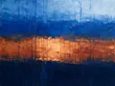 Abstract landschap in marineblauw en kopergloed