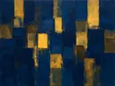 Abstract schilderij met het paletmes in marineblauw en mosterd