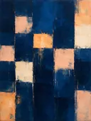 Abstract schilderij met het paletmes in marineblauw en perzik