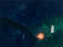 Abstract landschap in marineblauw en perzik