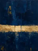 Marineblauw en pruisisch blauw in verticale halen, abstract schilderij met het paletmes