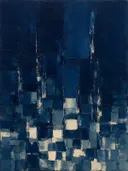 Marineblauw en pruisisch blauw van klein naar groot, abstract schilderij met het paletmes