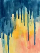 Abstract waterverf schilderij met marineblauwe druipende verf over een goudkleurige achtergrond