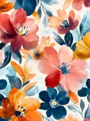 Botanisch patroon met donkerblauwe en koraalrode bloemen met bladeren op een crème achtergrond