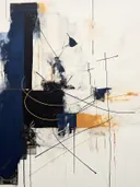Abstract schilderij met marineblauwe en zwarte vlakken en dunne oranje lijnen.
