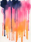 Abstract schilderij met marineblauwe verfdruppels over roze en oranje kleurverloop