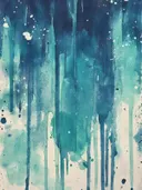 Abstract waterverf schilderij met marineblauwe en turquoise druipende inktvegen en witte spatjes