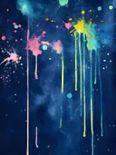 Marineblauw abstract schilderij met druipende verfspatten in roze en geel
