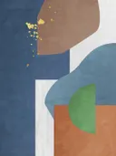 Abstract schilderij met marineblauw vlak, gouden spatten en terracotta accenten