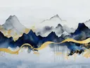Marineblauw berglandschap schilderij met gouden linten