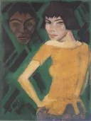 Marischka mit Maske 1919 van Otto Mueller: portret met vrouw, gele jurk, masker en staand, in geel met groen