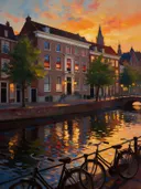 Marken, village in avondlicht, schilderij van Marken