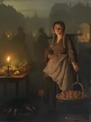 Market by candlelight van Petrus van Schendel: figuren met markt, kaarslicht, vrouw en fruit, in donker bruin met warm geel