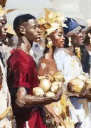 Marktverkopers dragen bladen met uien op een Afrikaanse markt