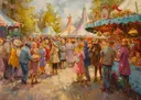 Impressionistisch schilderij van een druk marktplein in roze en goud