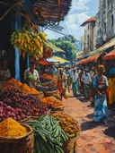 Drukke marktstraat met groenten, fruit en mensen
