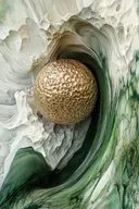Goudkleurige honingraatbol tussen marmerwitte en groene golven