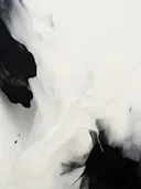 Abstract schilderij met vloeiende witte en zwarte marmerachtige vormen.