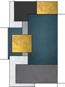 Abstract art deco schilderij met gouden en marineblauwe blokken