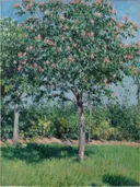 Marronnier rose, plaine d'Argenteuil van Gustave Caillebotte: landschap met kastanjeboom, bloesem, gras en lente, in groen en zacht roze
