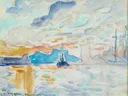 Marseille van Paul Signac: zee met haven, zeilboot, water en kade, in helder blauw en oranje