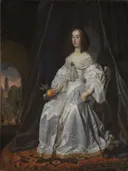 Mary Stuart, Princess of Orange, as Widow of William II van Bartholomeus van der Helst: portret met vrouw, witte satijnen jurk, gordijn en parels, in wit met donkerrood