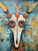 Schilderij van een dierenmasker met grote blauw-roze ogen en spitse hoorns